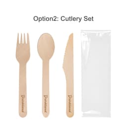 A set of disposable wooden cutlery featuring a fork, spoon, and knife, packaged in a clear sleeve.