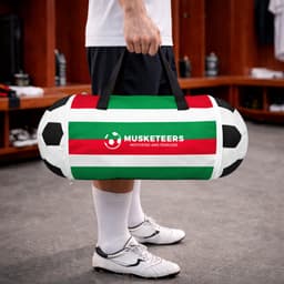 A foldable duffel bag in green, red, and white with a football design and a logo, held by a person in athletic wear.
