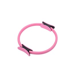 A pink Pilates circle with two black rubber grips. The product is lightweight and designed for fitness activities.