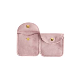 A square velvet jewellery pouch in soft pink, featuring two compartments and a gold snap closure.