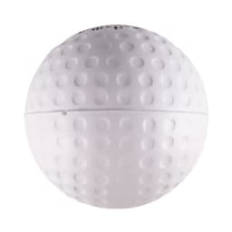A white golf ball-shaped stress reliever with a textured surface, featuring an unspecified logo.