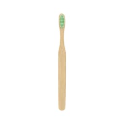 A large flat handle toothbrush with a bamboo body and green bristles. It features a simple design and a logo.