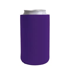A drink bottle in a purple skinny stubby holder with a smooth surface and no visible logos.
