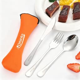 A set of stainless steel travel utensils including a knife, fork, and spoon in an orange carrying case.