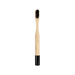 A small round handle bamboo toothbrush with a natural wooden body and a black bristle head. It features a branding logo.