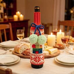 A drink bottle is enveloped in a red and white knitted sleeve with green pom-poms, sitting on a festive table.