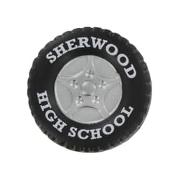 A black tire-shaped stress reliever featuring a silver wheel design and a logo.