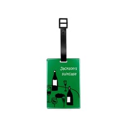 A green acrylic luggage tag featuring illustrations of various drink bottles and glasses. It has a black strap and logo.