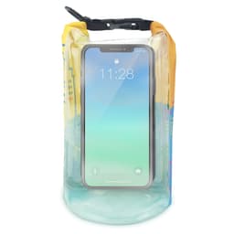 A colourful 2L dry bag featuring a PVC window, displaying a phone inside, equipped with a secure strap.