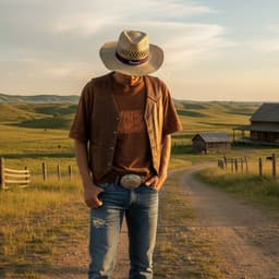 A cowboy straw hat with a wide brim in light tan, worn by a person standing on a dirt path in a rural landscape.
