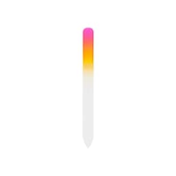 A gradient coloured glass nail file featuring pink and yellow hues, transitioning smoothly to clear at the tip.