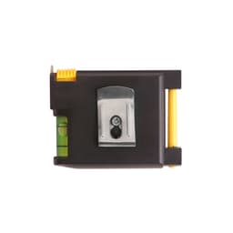 A multifunctional tape measure in black and yellow, featuring a built-in level and a metal clip.