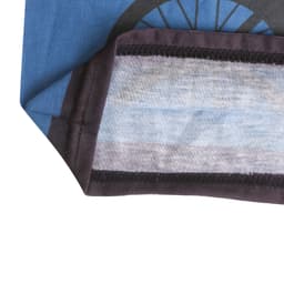 A blue RPET neck gaiter featuring a patterned design, with a black and grey trim, and a logo on the fabric.
