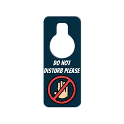 A custom shape acrylic door hanger in dark blue with a hand symbol and a hole for hanging.