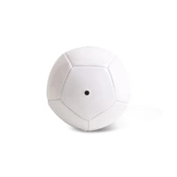 A mini soccer ball in white with pentagon panels and a small valve hole, featuring a logo.