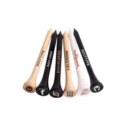 A selection of bamboo golf tees in black and natural wood, featuring various logos and designs.