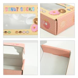A pink medium gift box with a rectangular window, featuring a donut pattern and a logo on the side.