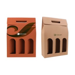 A portable wine box featuring three circular cutouts, in orange and brown cardboard, with branding on both sides.
