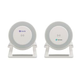 A wireless charger night light in white and grey, featuring a stand and two branding logos.