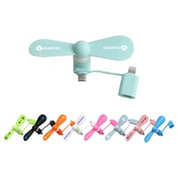 A teal 2 in 1 smartphone fan is displayed alongside fans in various colours, including pink, black, and neon shades.