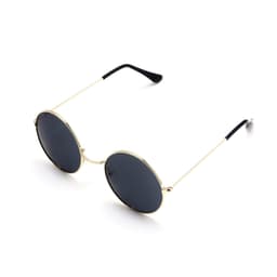Retro round sunglasses with black lenses and a gold frame. Features sleek black ear tips.