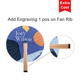 A round wooden paper fan featuring a multi-coloured design and a wooden handle, with an option for engraving.