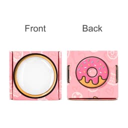 A pink gift box with a round window and a donut graphic on one side, featuring a playful design.
