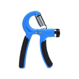A blue and black adjustable hand grip with a spring mechanism, designed for grip strength training.