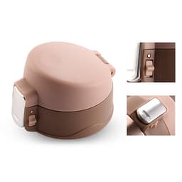 A drink bottle featuring a flip top lid, with a matte finish in shades of pink and brown. It includes a logo.