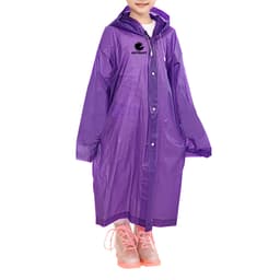 A purple reusable raincoat with a hood, featuring a logo, worn by a child in transparent rain boots.