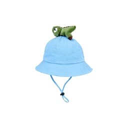 A blue bucket hat featuring a plush dinosaur on top and an adjustable chin strap.