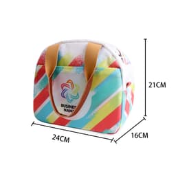A waterproof cooler bag featuring a colourful striped design with orange handles, measuring 24cm x 16cm x 21cm.