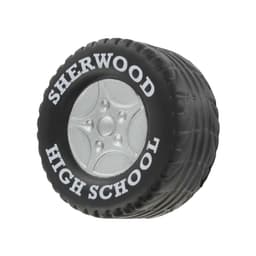 A black tire-shaped stress reliever with a silver wheel design, featuring a logo on the side.