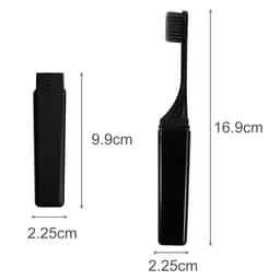 A foldable travel toothbrush in black, displayed in both folded and extended positions, with dimensions noted.