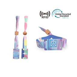 Colourful RPET fabric wristbands with RFID cards, featuring a vibrant design and a wooden bead. Includes a logo.