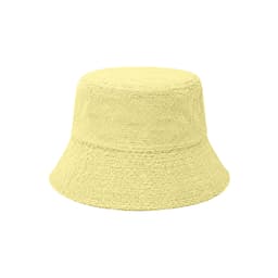 A yellow dual-material reversible bucket hat with a textured fabric design. It features a simple shape and wide brim.