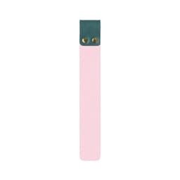 A customised PU bookmark in pink and green, featuring a button closure at the top.