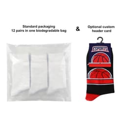 A pack of three pairs of black and red sports socks, with optional custom header card, in biodegradable packaging.