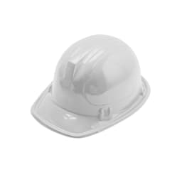 A white PVC construction hat with a smooth surface and a rounded top. It features ventilation holes and a logo.