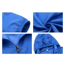 A blue unisex jacket made of 100% polyester, featuring a hood and detailed stitching, with a logo present.