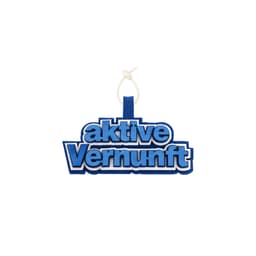 A blue and white custom felt hanging tag featuring a logo. The tag has a loop for attachment.