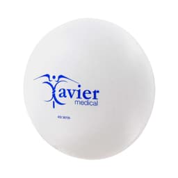 A round, white stress reliever with a logo featuring blue text and a simple graphic design.