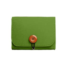 A green felt essential oil bag with a wooden button closure. It features a simple design and a logo.