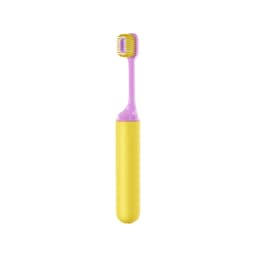 A foldable toothbrush with a soft bristle head, featuring a yellow handle and a purple brush head, with a logo present.