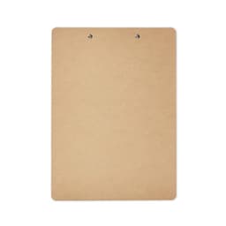 A wooden clipboard in a natural light brown colour with two metal clips at the top.