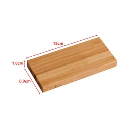 A bamboo wireless power bank in natural wood colour, measuring 15cm x 6.9cm x 1.6cm, with a logo.