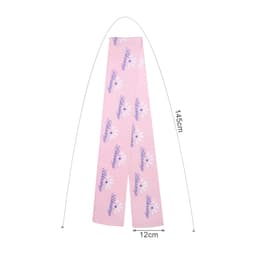 A pink chiffon long scarf with floral patterns and a logo, measuring 145cm by 12cm.