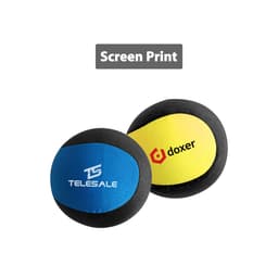 A pair of water bouncing balls in blue and yellow with black trim and a logo on each ball.