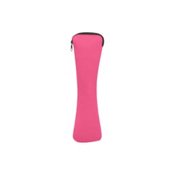 A pink zippered case designed to hold utensils, featuring a sleek and streamlined shape.
