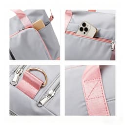 A grey foldable sports duffle bag with pink accents, featuring a pocket holding a smartphone and zippers.
